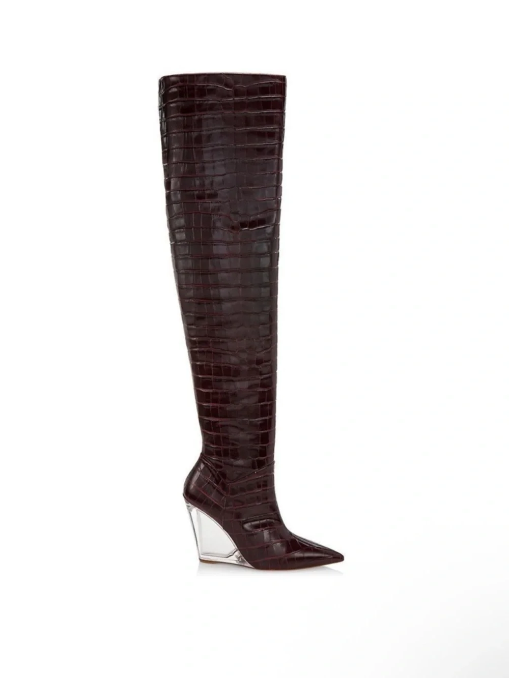 NWT STUART WEITZMAN Lucite 100mm Wedge Croc Embossed Thigh High Boots 7